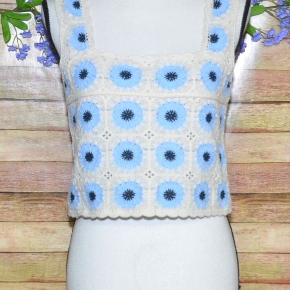 Crochet Granny Square Tank Womens Size XS Crop Top Boho Festival Beach Hippie